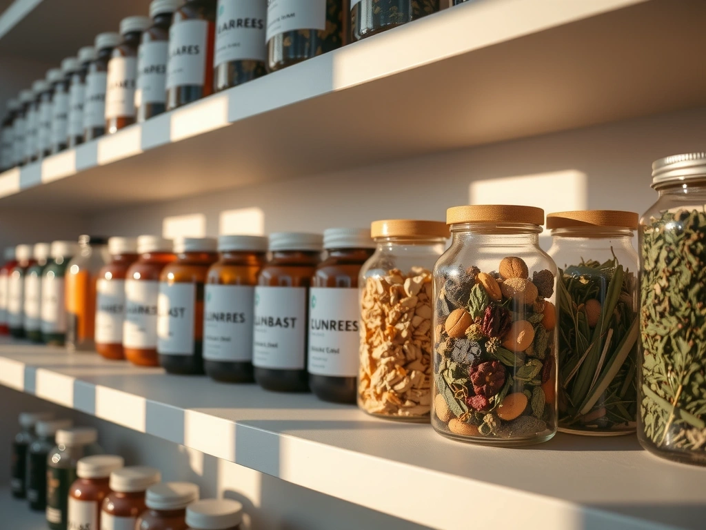 Zestaw naturalnych preparatów w eleganckich opakowaniach na drewnianej półce